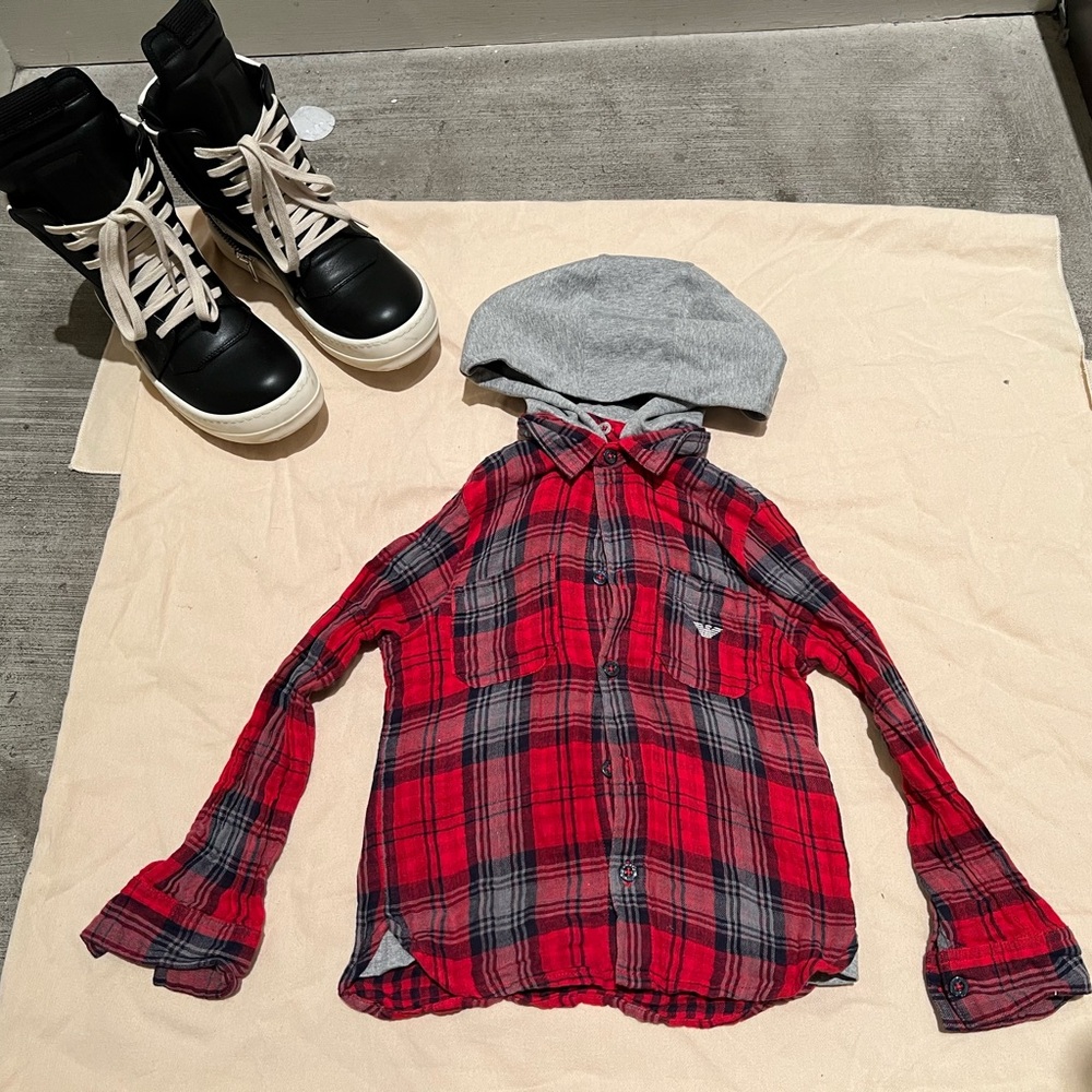 Armani Junior Kids Red Plaid Hooded Hope Shirt Size 4